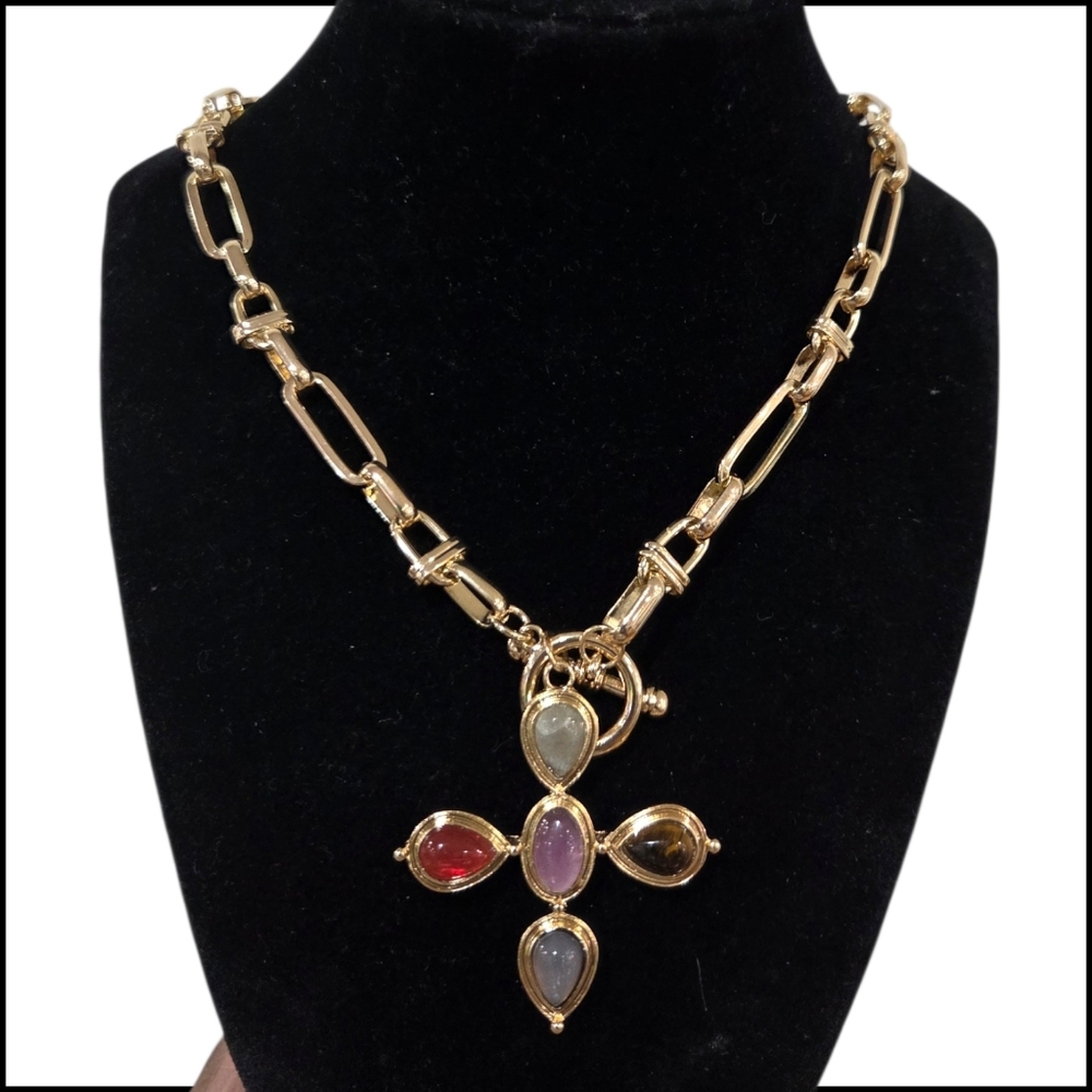 💛🔹️ATTERRI 🔹️ Gold Multi- Semi Precious Stone Cross Pendant 18in Necklace
